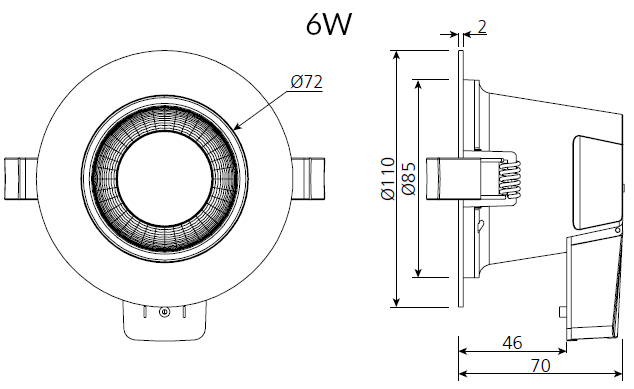 Downlight DT 6W CCT 3000/4000/5700K 90° CRI80 UGR22 IP54, Ø110, Hulmål Ø90-95